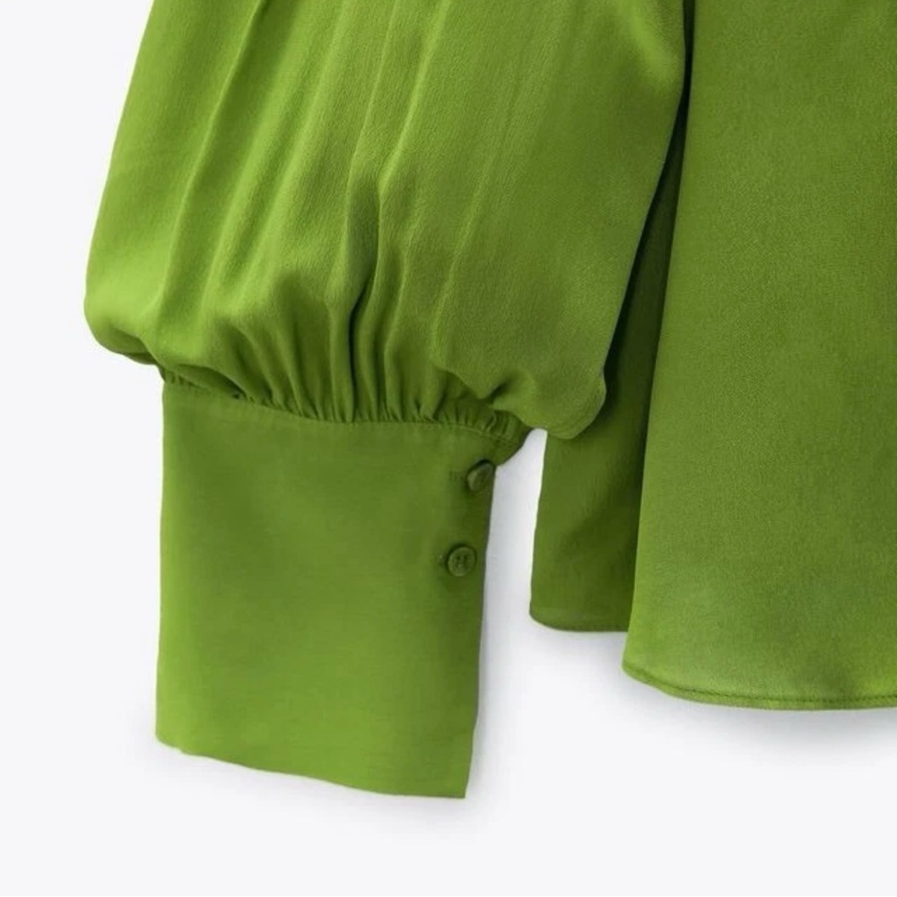 Zara | Green Flowy Satin Drape Long Sleeve Blouse - Picture 6 of 16